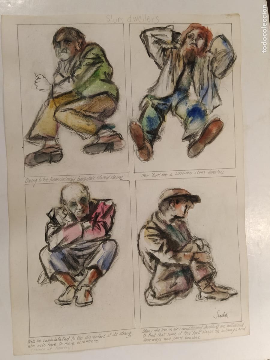 Arte: SEUBA - DIBUJO ORIGINAL PINTADO Y COLOREADO A MANO - SLUM DWELLERS - MENDIGOS - NEW YORK'S TYPES