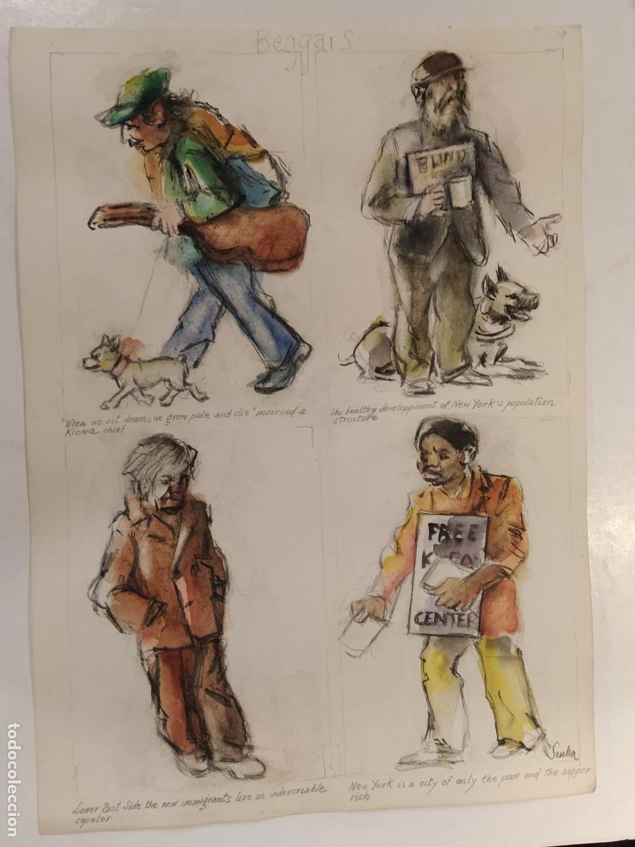 Arte: SEUBA - DIBUJO ORIGINAL PINTADO Y COLOREADO A MANO - BEGGARS - MENDIGOS - NEW YORK'S TYPES