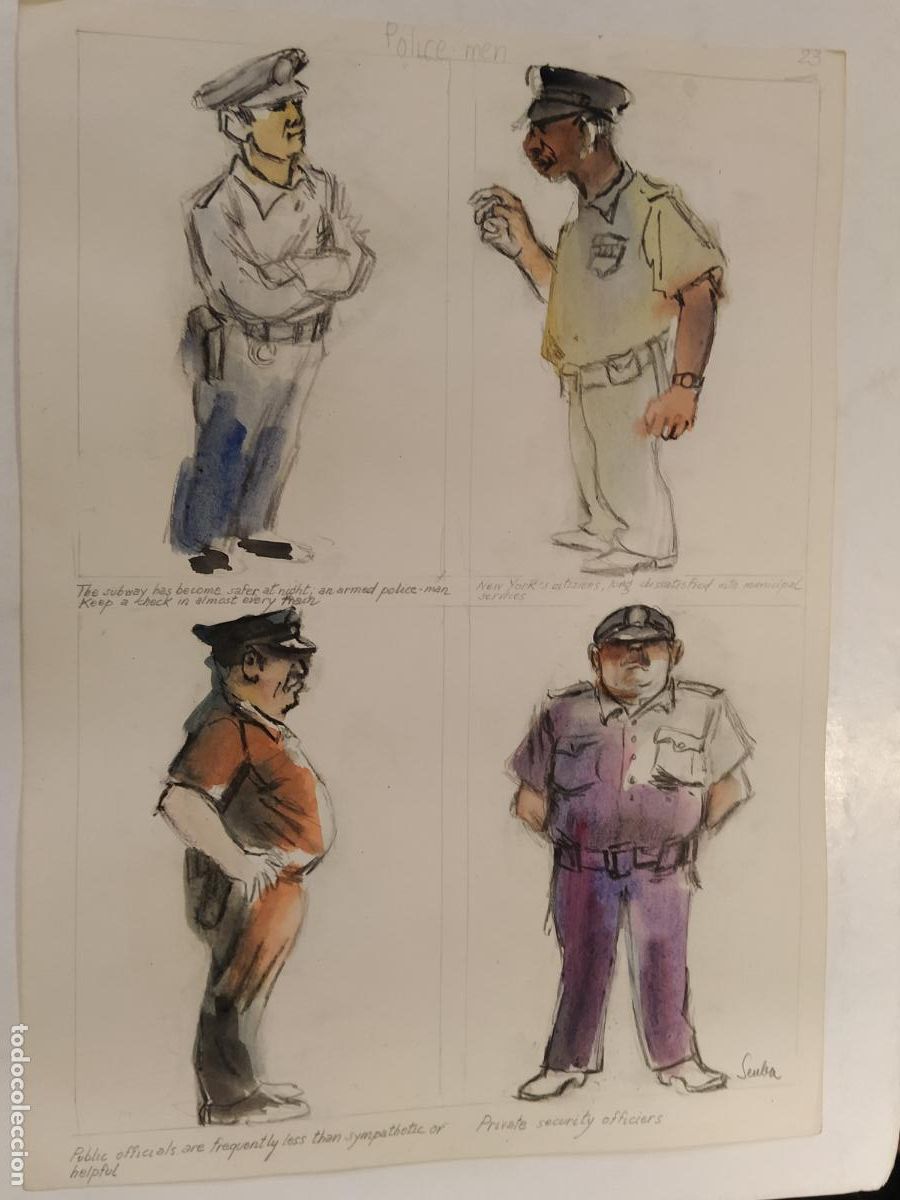 Arte: SEUBA - DIBUJO ORIGINAL PINTADO Y COLOREADO A MANO - POLICE MEN - POLICIAS - NEW YORK'S TYPES