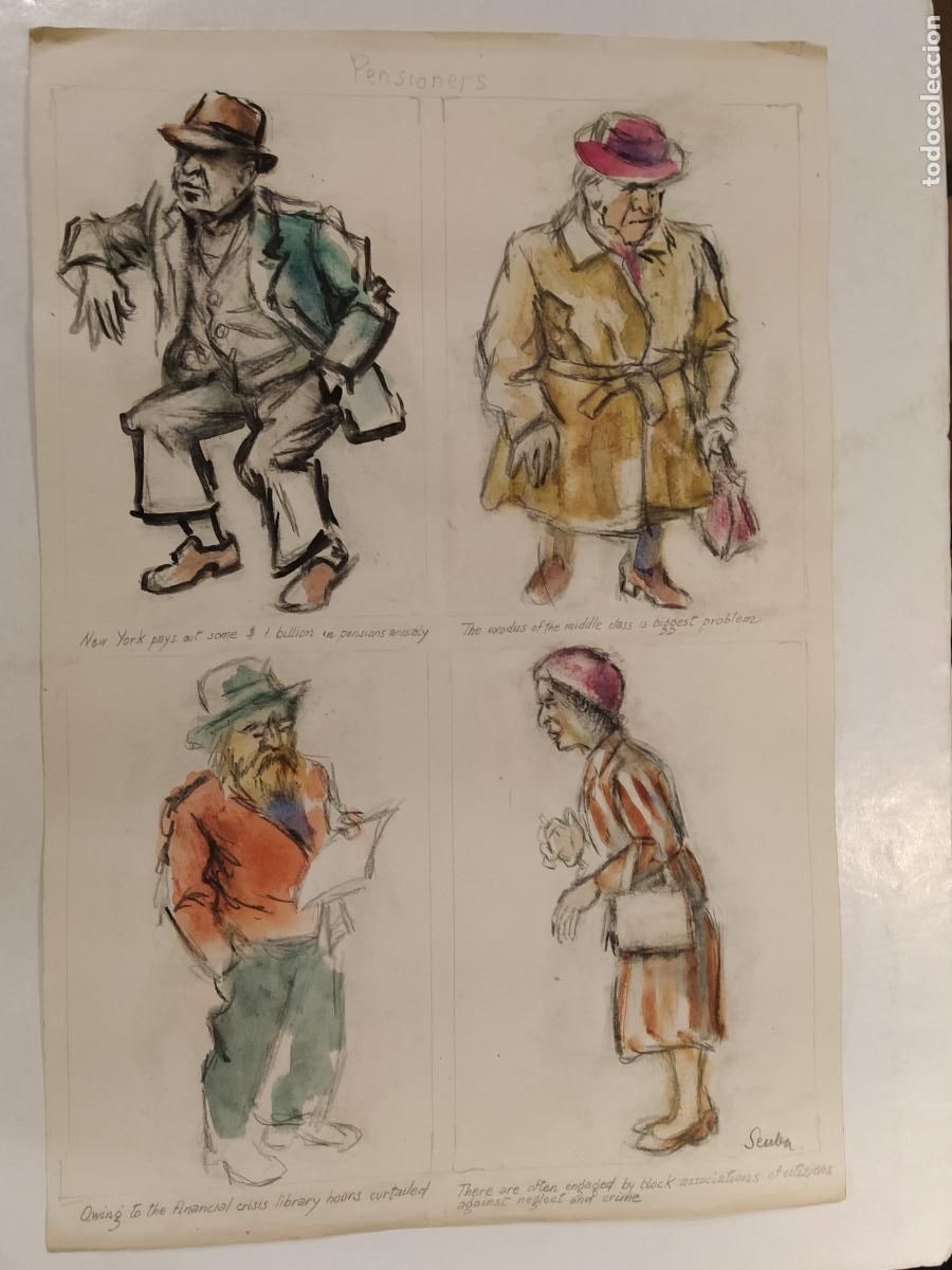 Arte: SEUBA - DIBUJO ORIGINAL PINTADO Y COLOREADO A MANO - PENSIONERS - JUBILADOS - NEW YORK'S TYPES