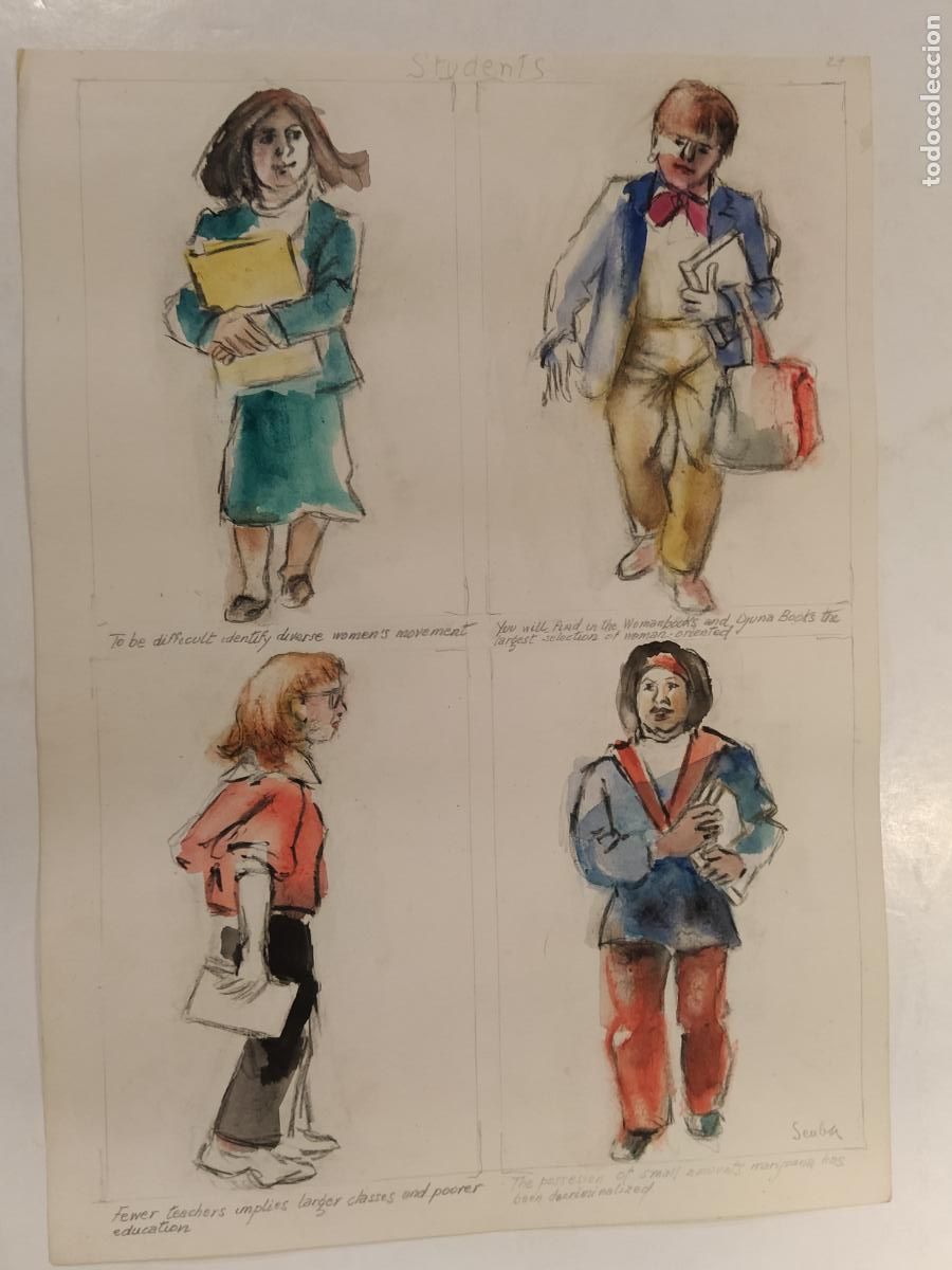 Arte: SEUBA - DIBUJO ORIGINAL PINTADO Y COLOREADO A MANO - STUDENTS - ESTUDIANTES - NEW YORK'S TYPES
