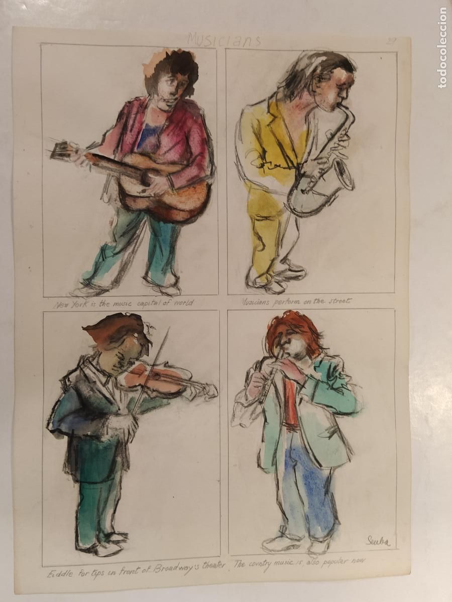 Arte: SEUBA - DIBUJO ORIGINAL PINTADO Y COLOREADO A MANO - MUSICIANS - MUSICOS - NEW YORK'S TYPES
