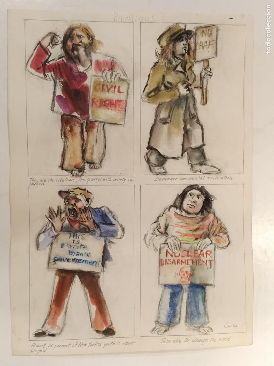Arte: SEUBA - DIBUJO ORIGINAL PINTADO Y COLOREADO A MANO - REBELLIOUS - REBELDES - NEW YORK'S TYPES