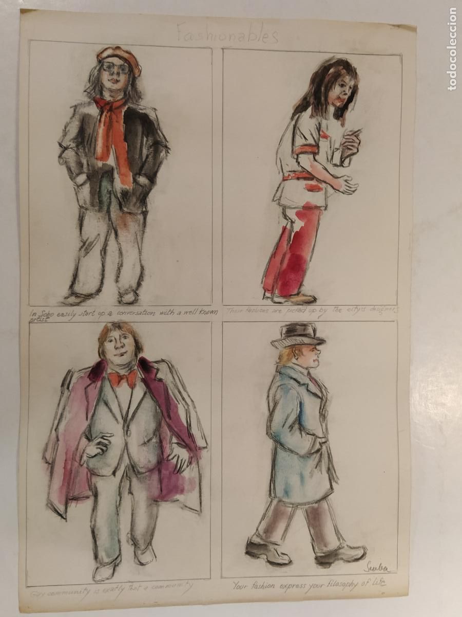 Arte: SEUBA - DIBUJO ORIGINAL PINTADO Y COLOREADO A MANO - FASHIONABLES - MODA - NEW YORK'S TYPES