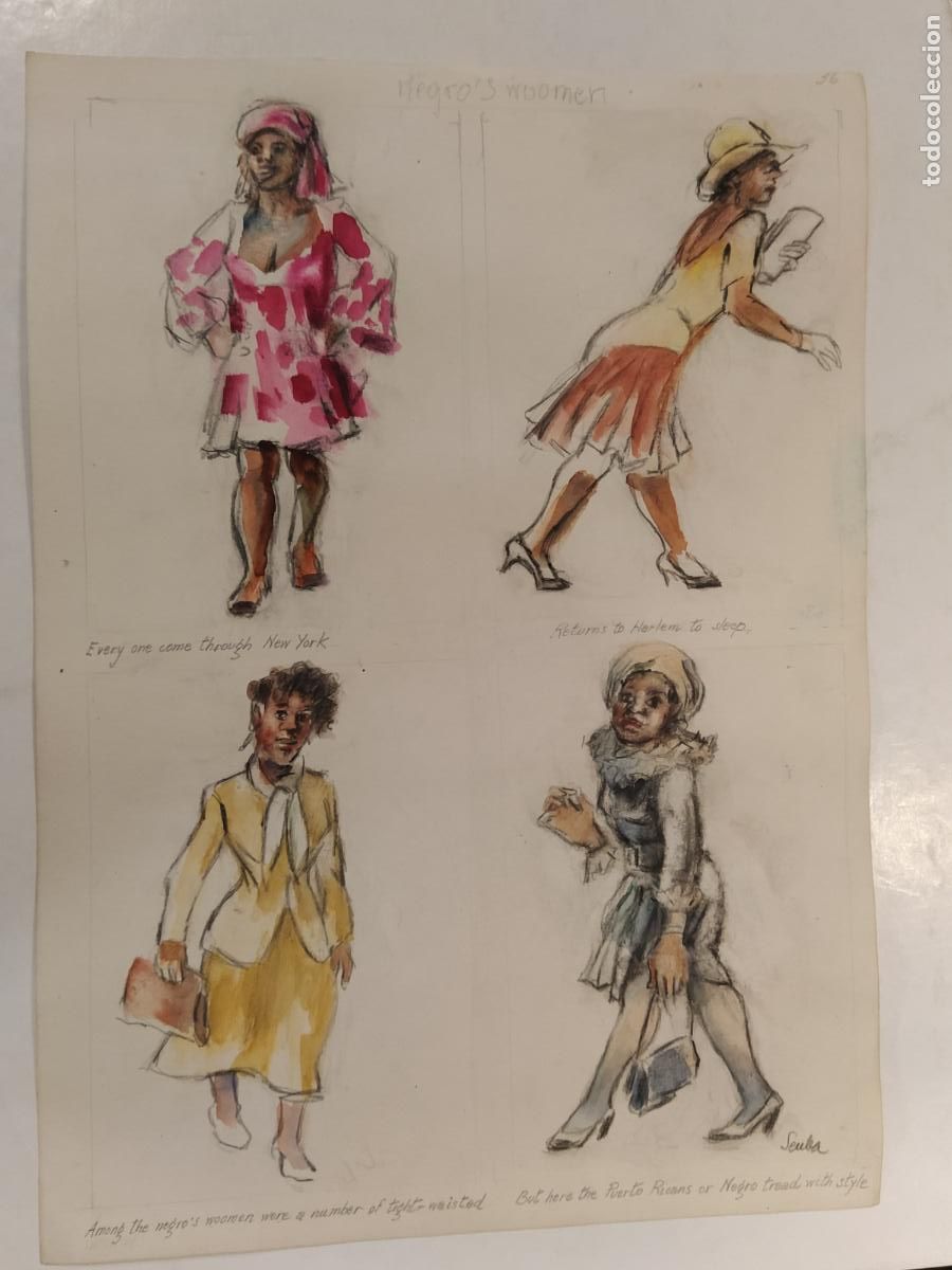 Arte: SEUBA - DIBUJO ORIGINAL PINTADO Y COLOREADO A MANO - BLACK WOMEN - MUJERES NEGRAS - NEW YORK'S TYPES