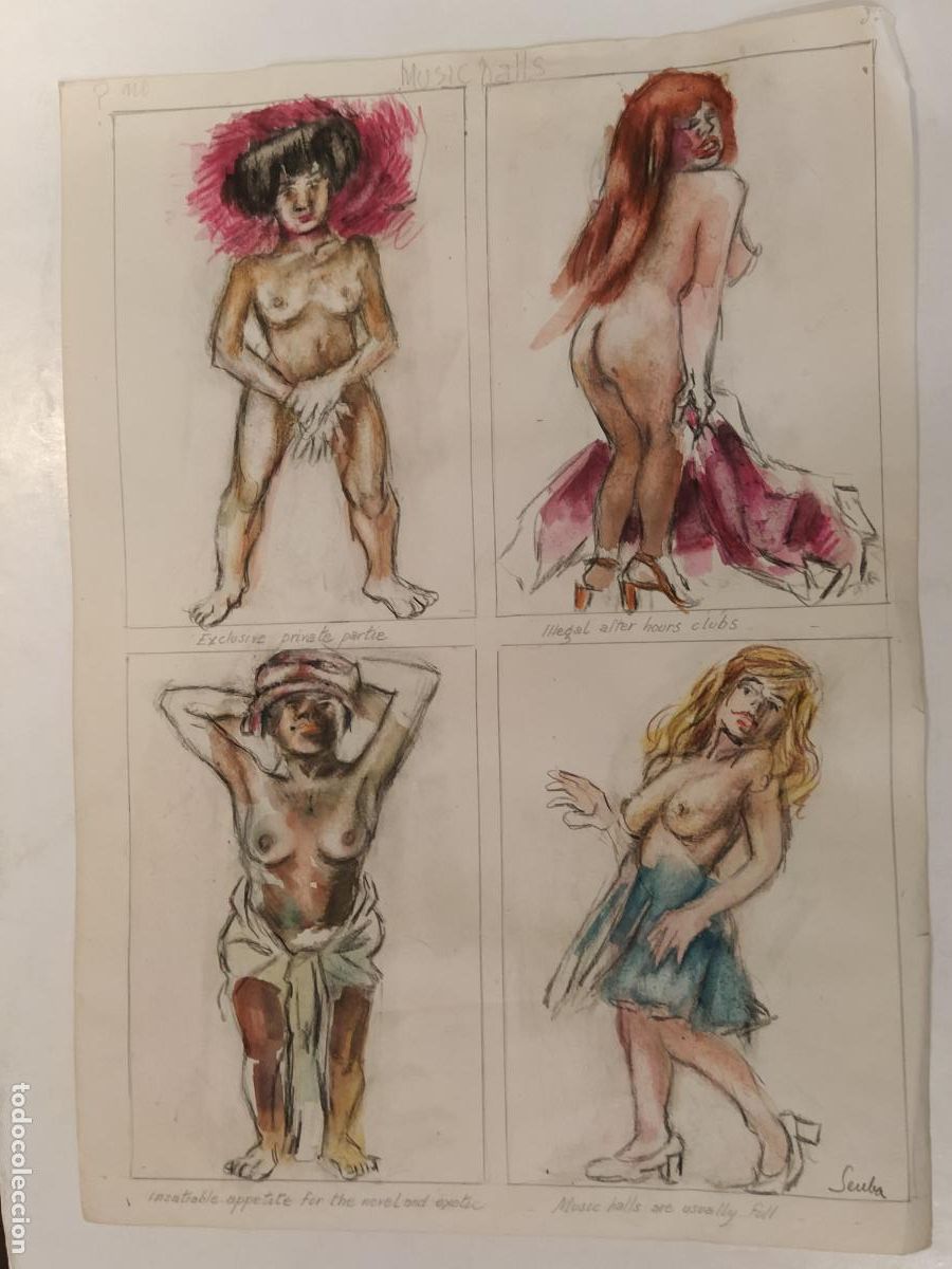 Arte: SEUBA - DIBUJO ORIGINAL PINTADO Y COLOREADO A MANO - MUSIC HALLS - DESNUDOS - NEW YORK'S TYPES
