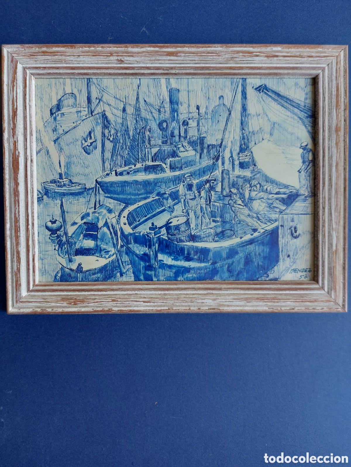 Arte: MENDEZ &rdquo;PESCADORES AMARRANDO EN EL PUERTO&rdquo; 1957