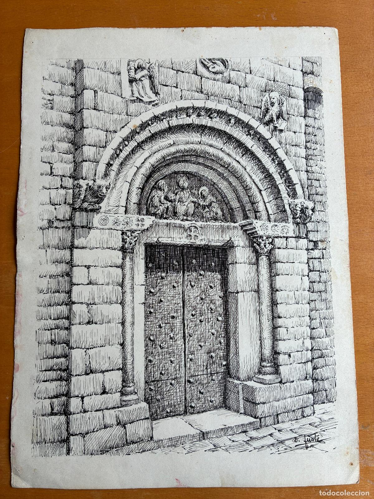 Arte: Puerta de Sant Pau del Camp Barcelona. D. Fust&eacute;. Rotulador negro sobre papel 24x34 cm