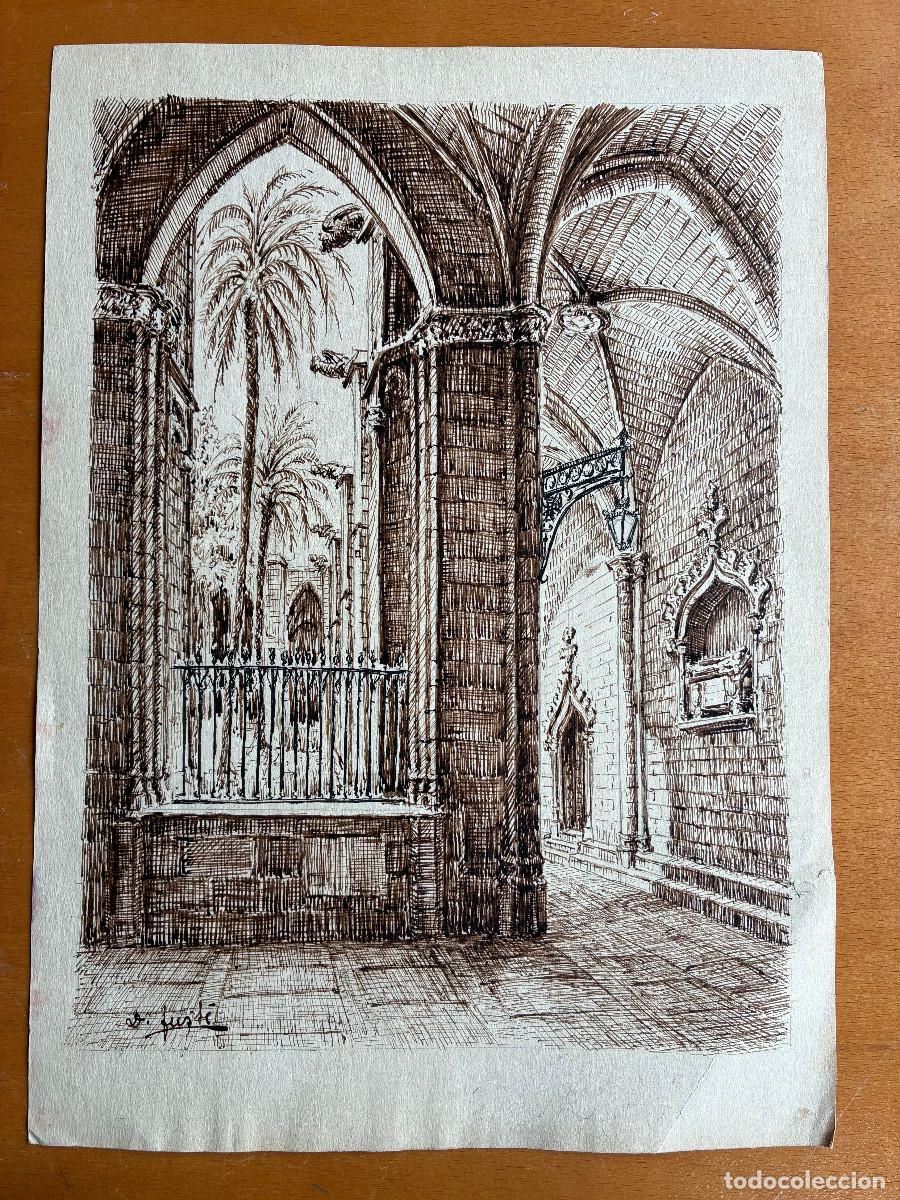 Arte: Claustro Catedral de Barcelona. D. Fust&eacute;. Rotulador ocre sobre papel 24x34 cm.
