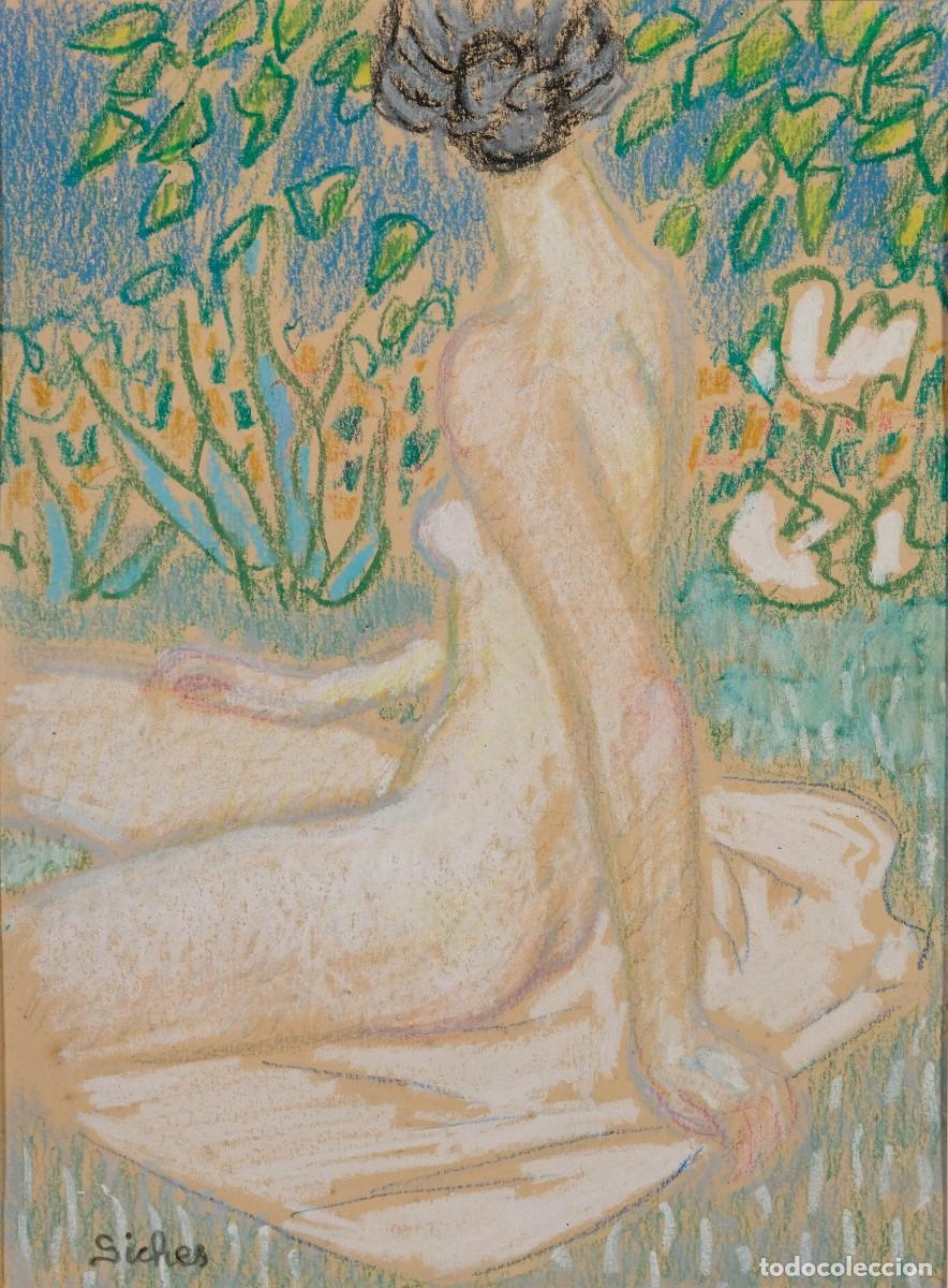 Arte: CERAS Y PASTEL SOBRE PAPEL DESNUDO FEMENINO FIRMADO SICHES