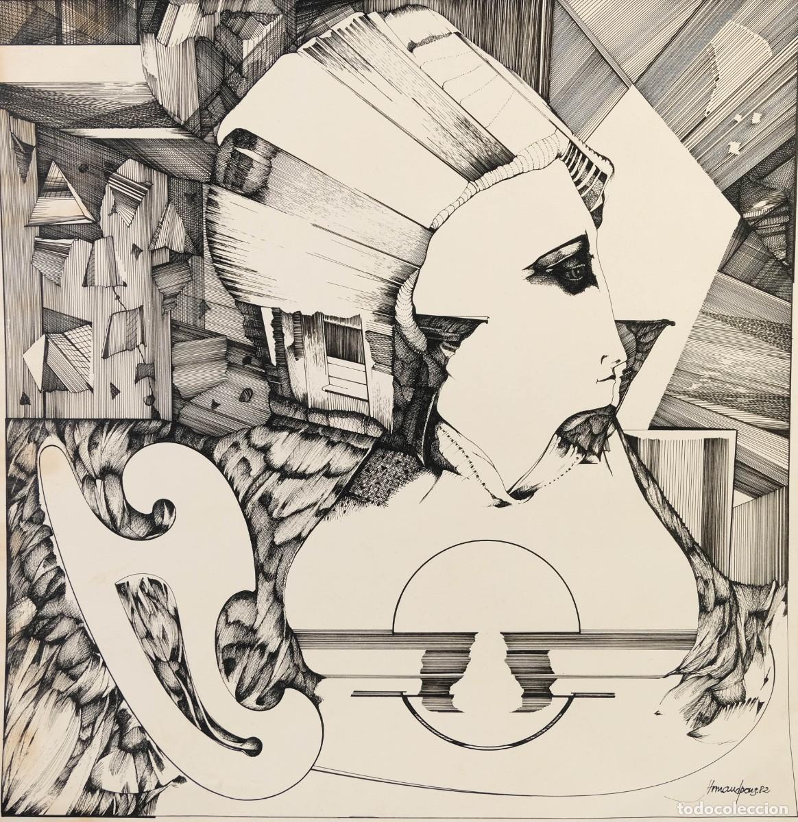 Arte: DIBUJO A PLUMILLA FIGURA CON INSTRUMENTO FIRMA ILEGIBLE 1982