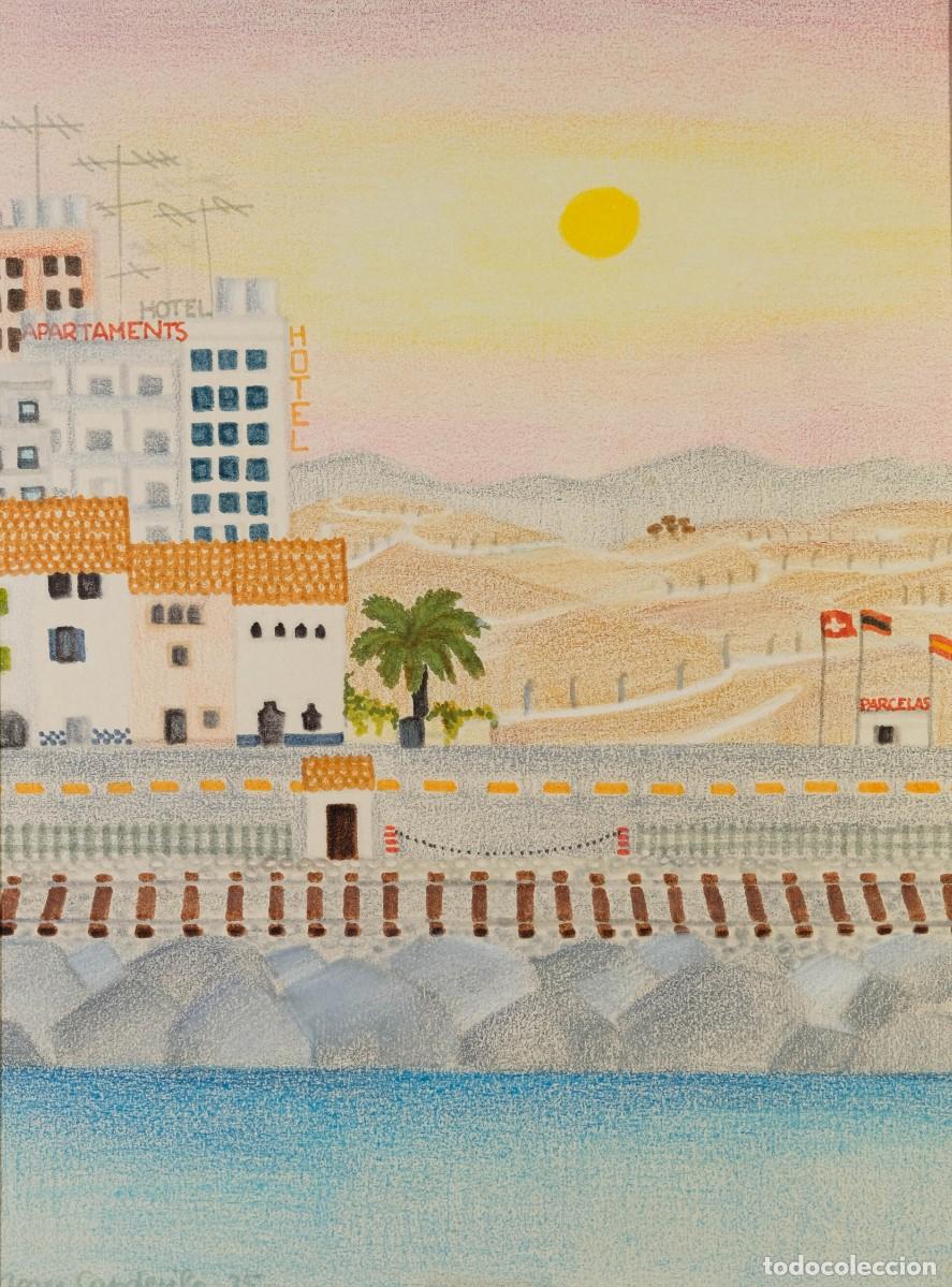 Arte: DIBUJO CERAS Y ROTULADOR VISTA ESTACI&Oacute;N DE TREN COSTERA FIRMADO ROSER CAPDEVILA 1975