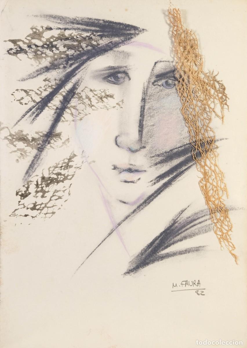 Arte: MONTSERRAT FAURA (BARCELONA, 1947) DIBUJO A CERAS Y CARBONCILLO CON COLLAGE ROSTRO FEMENINO FIRMADO