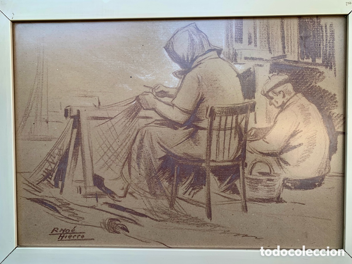 Kunst: Ramon Noe Hierro 1923-2007, sabadell , remendando las redes, 48,5x33,5 obra y 62x47,5 con marco