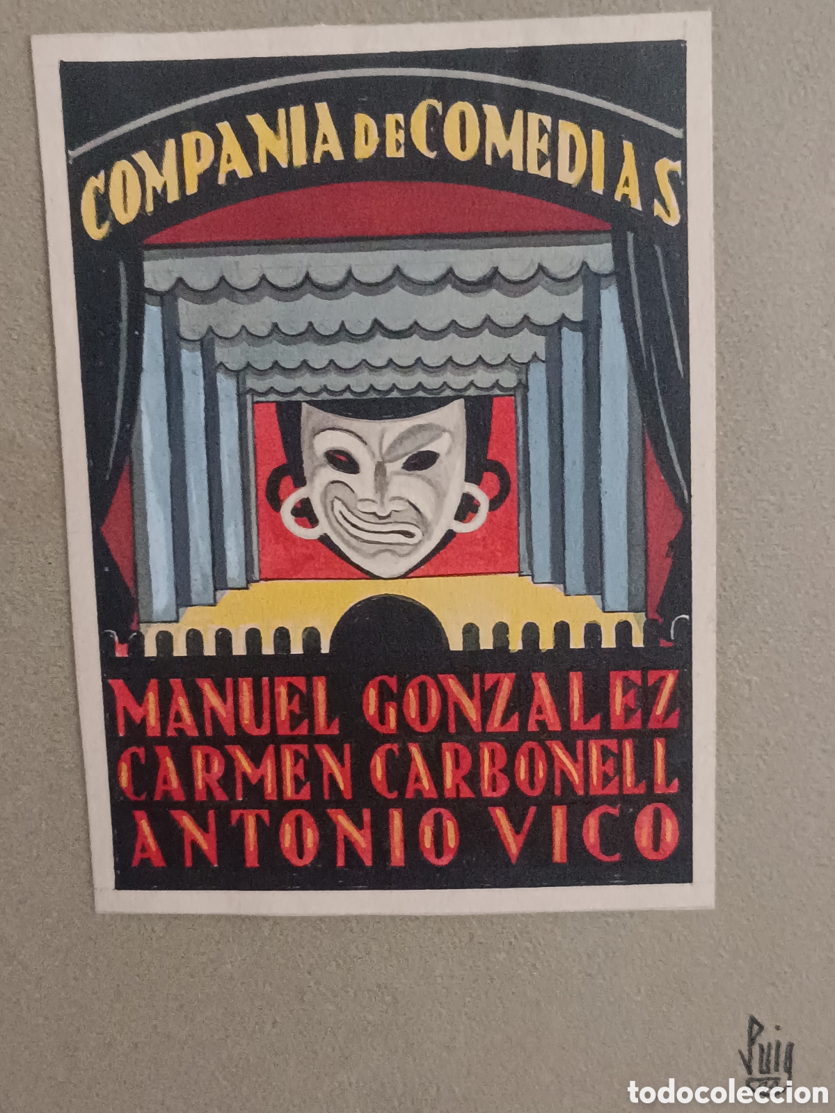 Arte: DIBUJO ORIGINAL BOCETO CARTEL COMPA&Ntilde;&Iacute;A DE COMEDIAS- ACUARELA Y GOUACHE FIRMA PUIG 1940, 11x15 cm