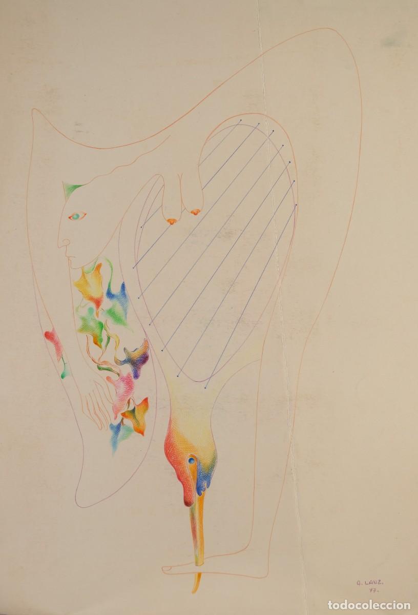 Arte: ALFREDO LANZ (MADRID, 1945) DIBUJO A COLOR COMPOSICI&Oacute;N SURREALISTA FIRMADO