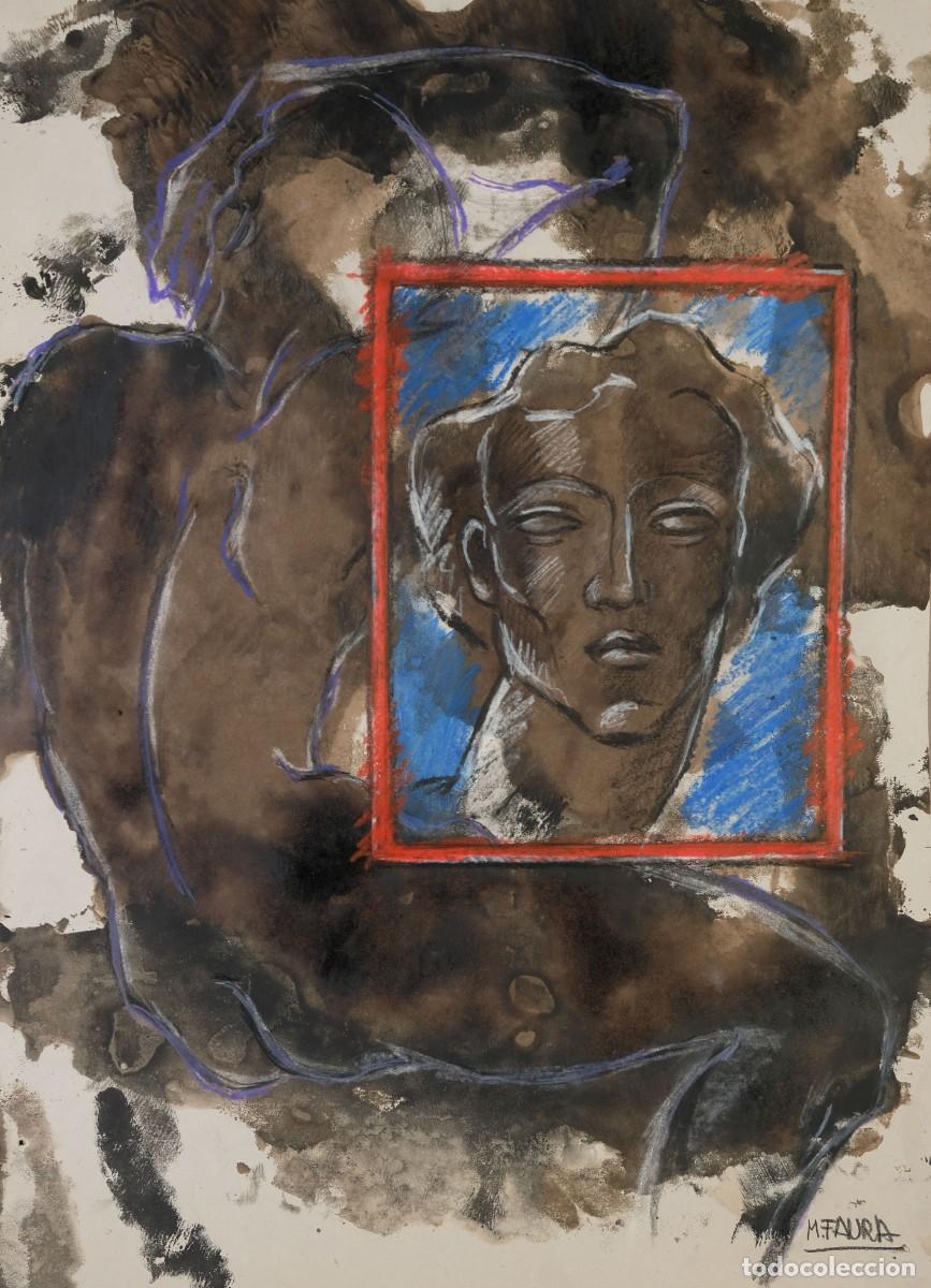 Arte: MONTSERRAT FAURA (BARCELONA, 1947) CARBONCILLO Y CERAS SOBRE PAPEL BUSTO MASCULINO FIRMADO