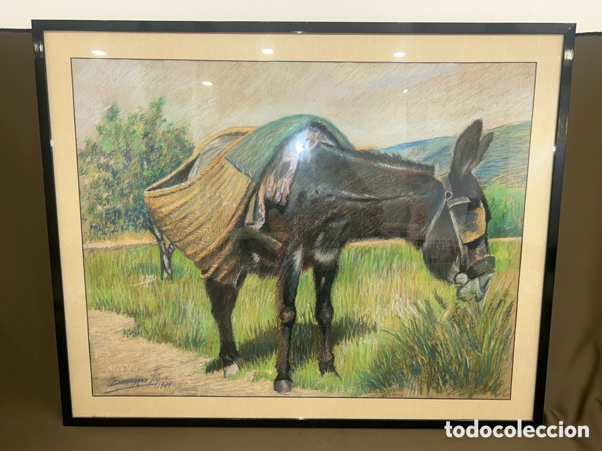 Arte: PINTURA DE BERENGUER L&Oacute;PEZ 1989 BURRO DE CARGA EN EL CAMPO *VER FOTOS*