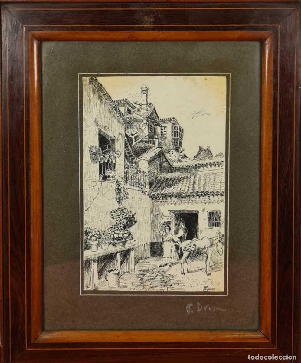 Arte: PAISAJE RURAL. FIRMADO P. BROSA. DIBUJO A PLUMILLA SOBRE PAPEL. SIGLO XX.