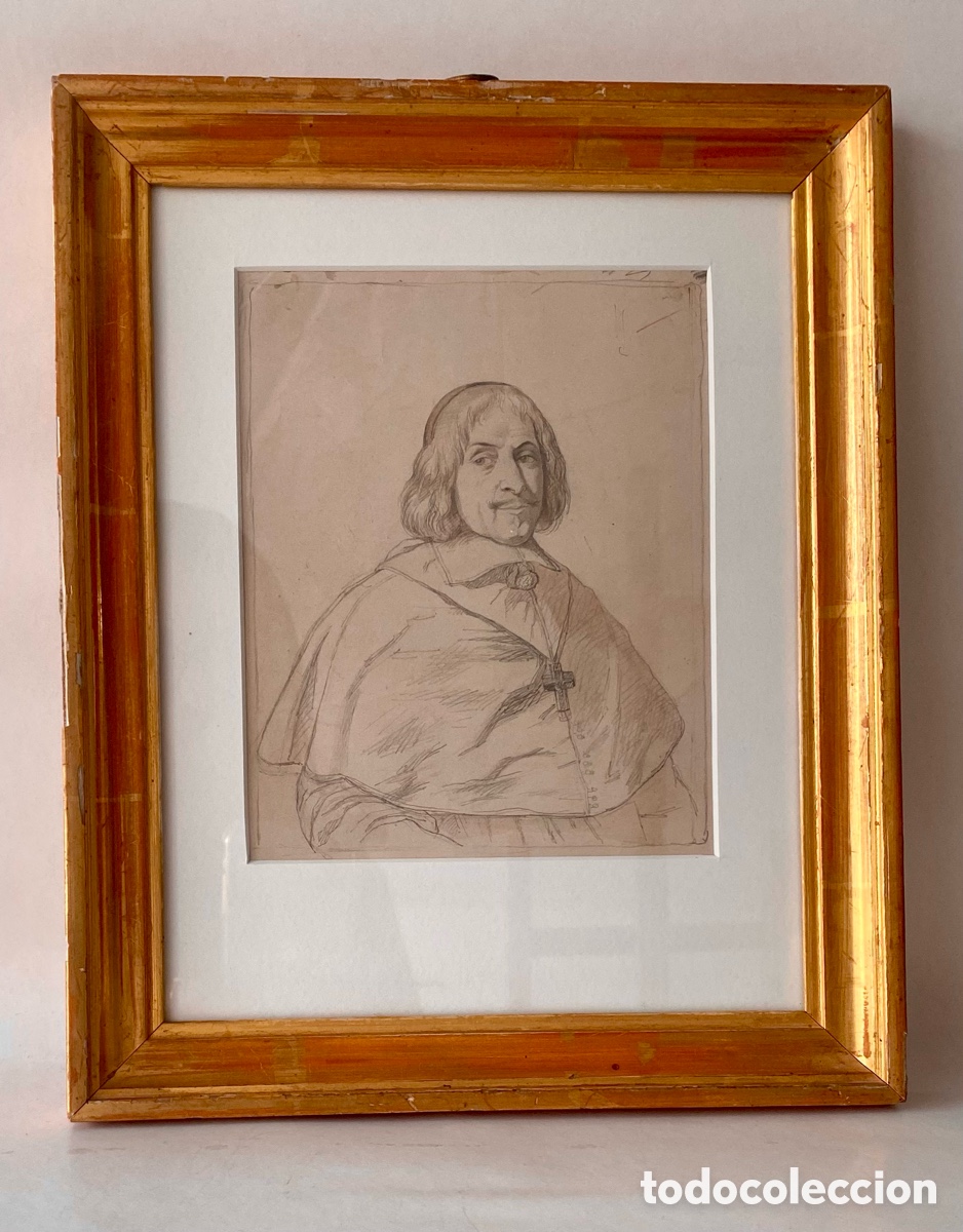 Arte: Dibujo a l&aacute;piz que representa retrato hombre con vestimenta eclesi&aacute;stica y cruz Siglo XIX