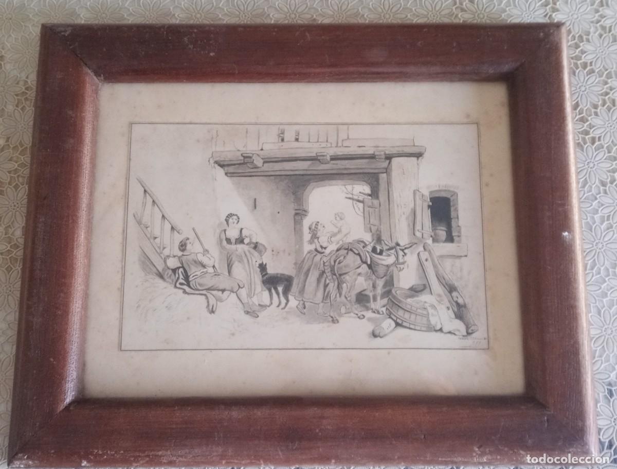 Arte: Antiguo cuadro con dibujo o grabado costumbrista Sevilla 1879 y Firmado autor a identificar