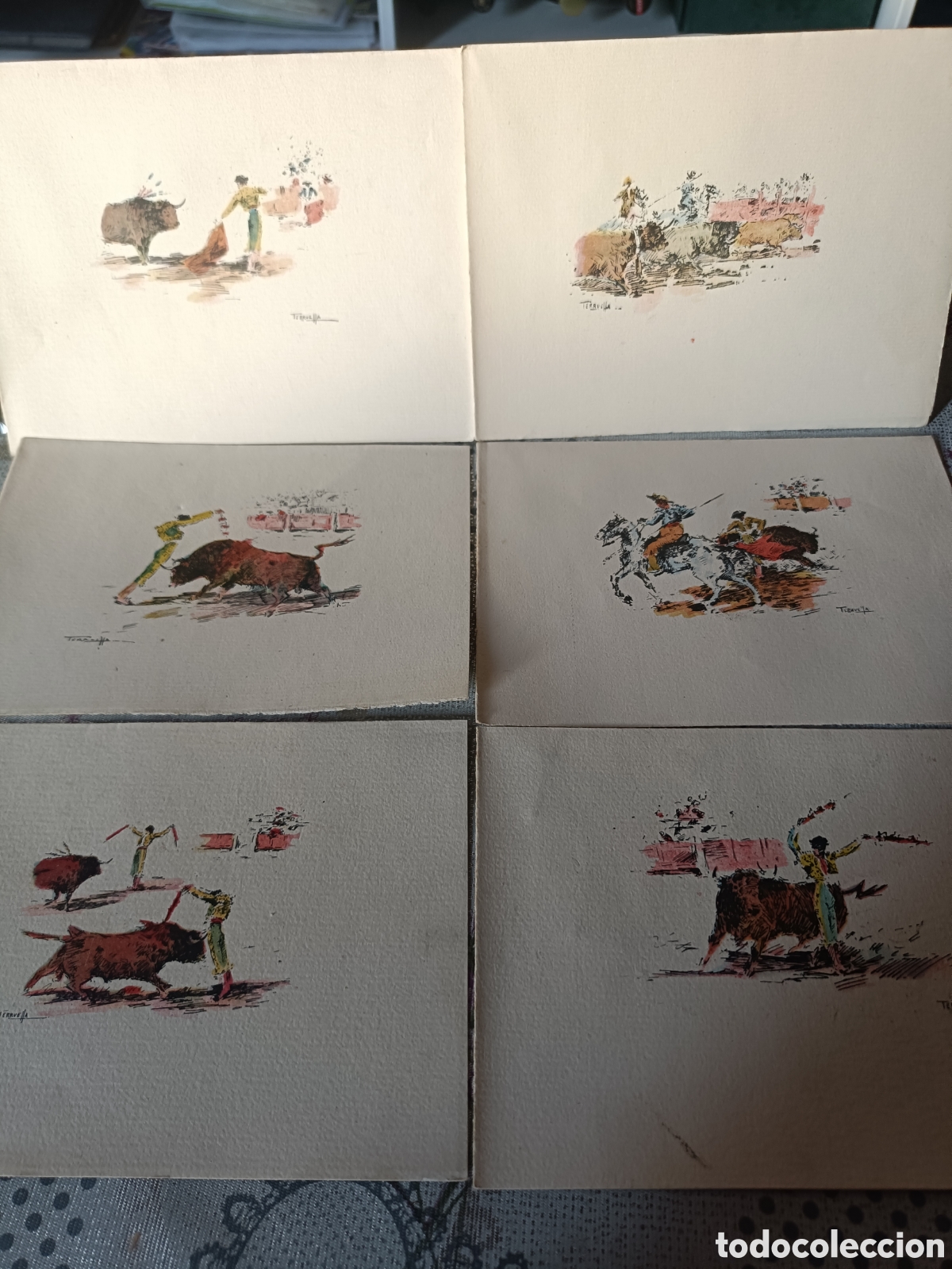 Arte: Lote 6 Dibujos Taurinos Joaqu&iacute;n Terruella a tinta, coloreados en acuarela