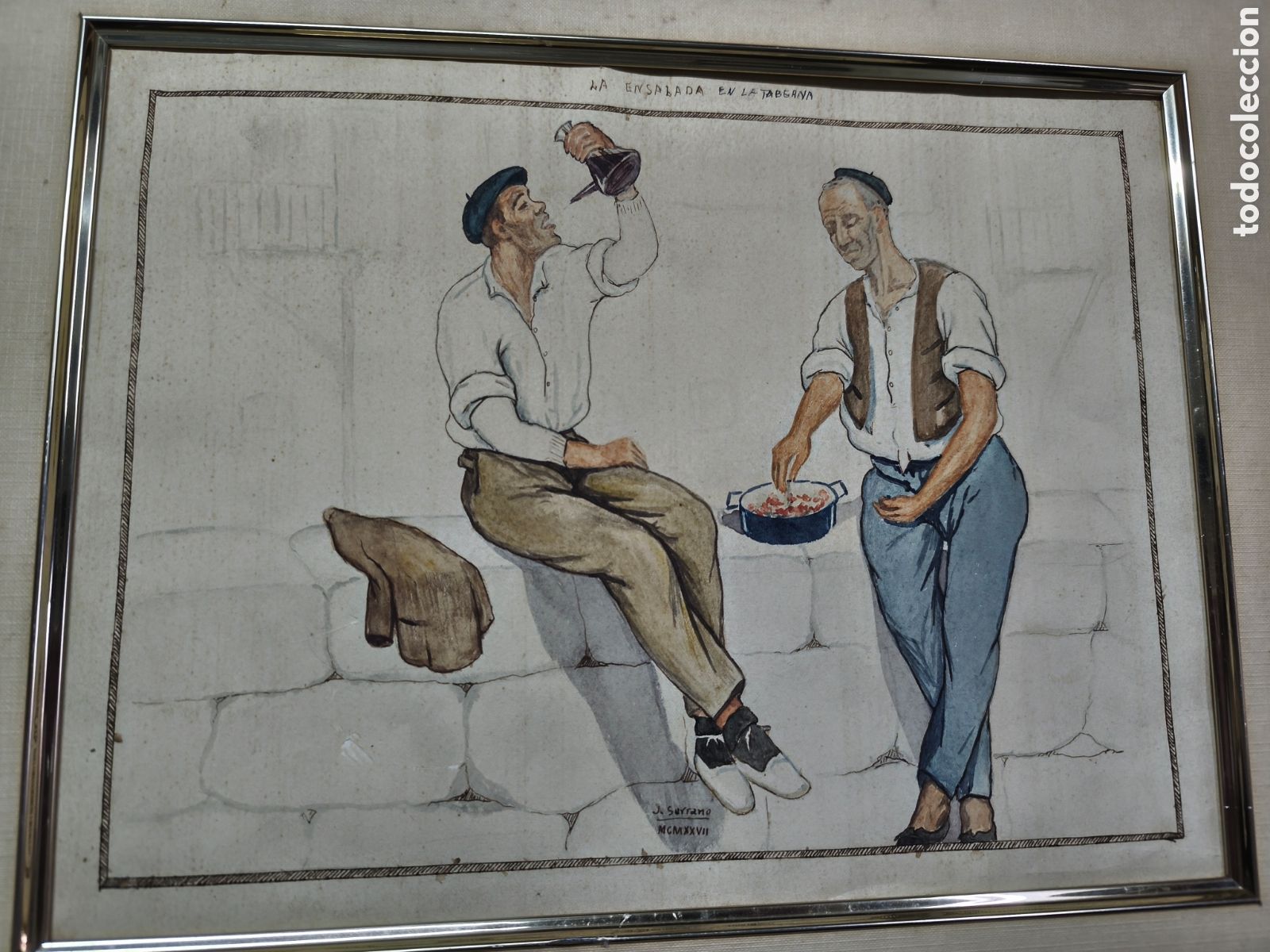 Arte: Antiguo dibujo escena vasca ''La ensalada en la taberna'' por J. SERRANO a&ntilde;o 1928