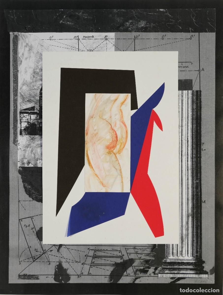 Arte: ALFREDO LANZ (MADRID, 1945) DIBUJO TORSO MASCULINO SOBRE COMPOSICI&Oacute;N DE COLLAGE FIRMADO