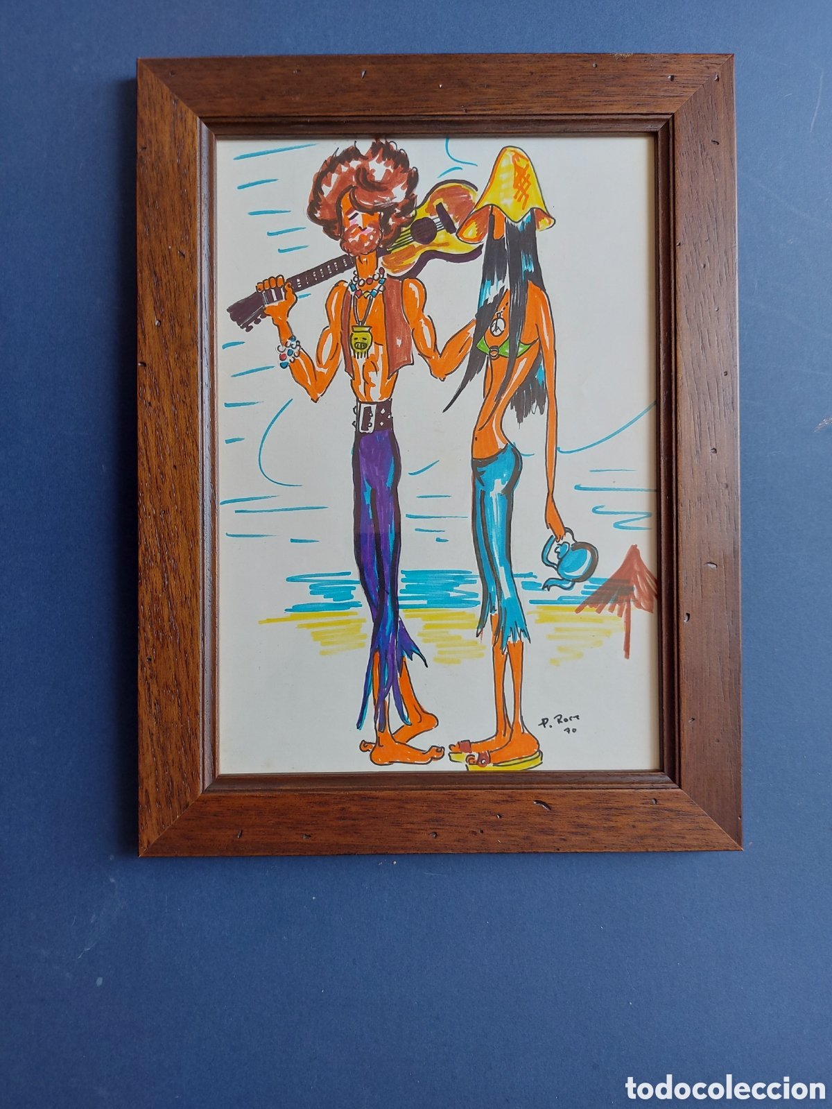 Arte: P. ROCA &rdquo;PAREJA DE HIPPIES EN LA PLAYA&rdquo; CARICATURA 1970