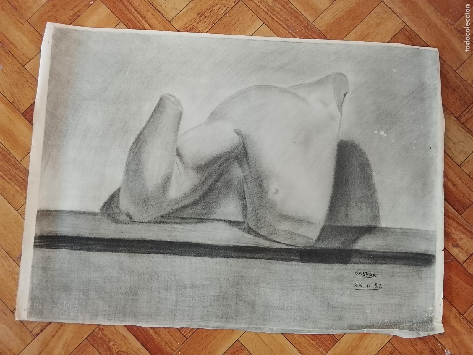 Arte: carboncillo 70x50 CM a&ntilde;os 80s dibujo original TORSO HOMBRE arte decoracion ARTISTA FIRMADO GASPAR