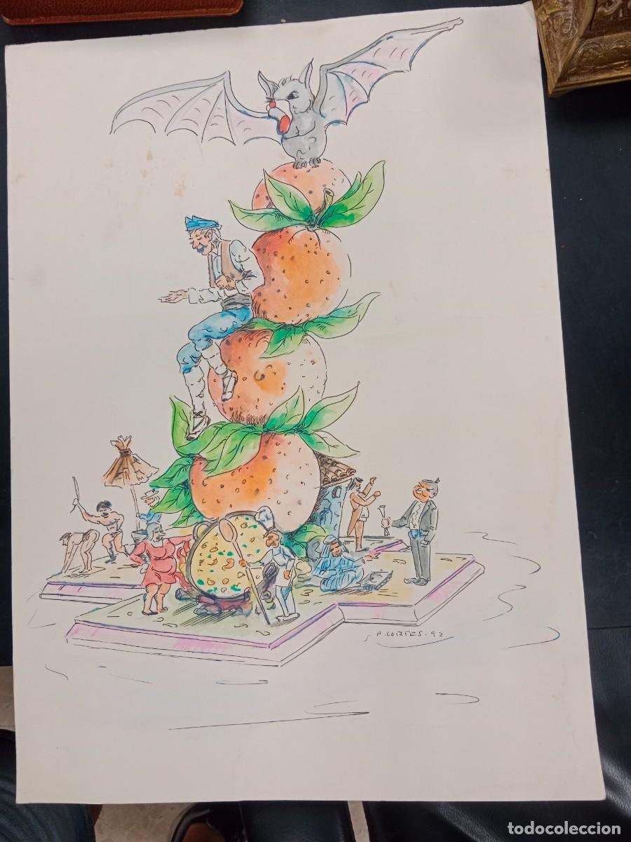 Arte: BONITO BOCETO A LAPIZ Y GOUACHE - FALLA 1992 - DIBUJADO Y FIRMADO POR ARTISTA FALLERO HERNAN CORTES