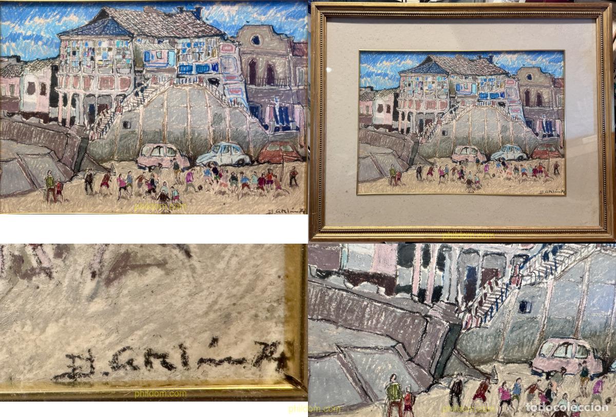 Arte: FRANCISCO CATALAN (Ayora, Valencia 1947) VISTA URBANA-Dibujo a ceras sobre papel. 35 x50 cm