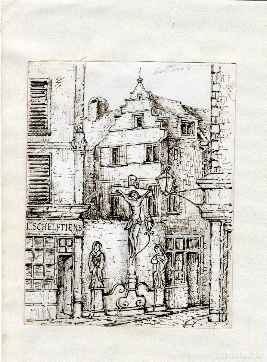 Arte: Belgica. Amberes. Dibujo estatua crucifixi&oacute;n calle hist&oacute;rica de Amberes