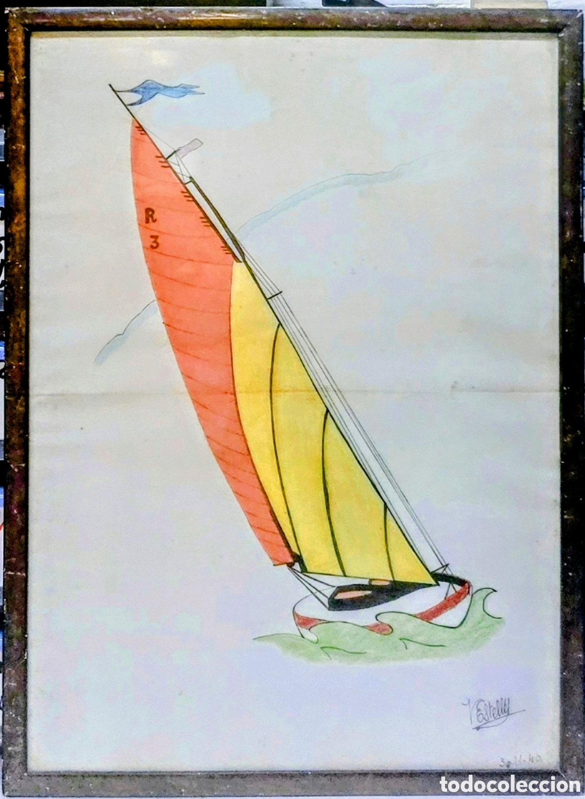 Arte: ESTELLES.OBRA DIBUJO DE 1940 43X31 MAS MARCO DISE&Ntilde;O DE VELERO