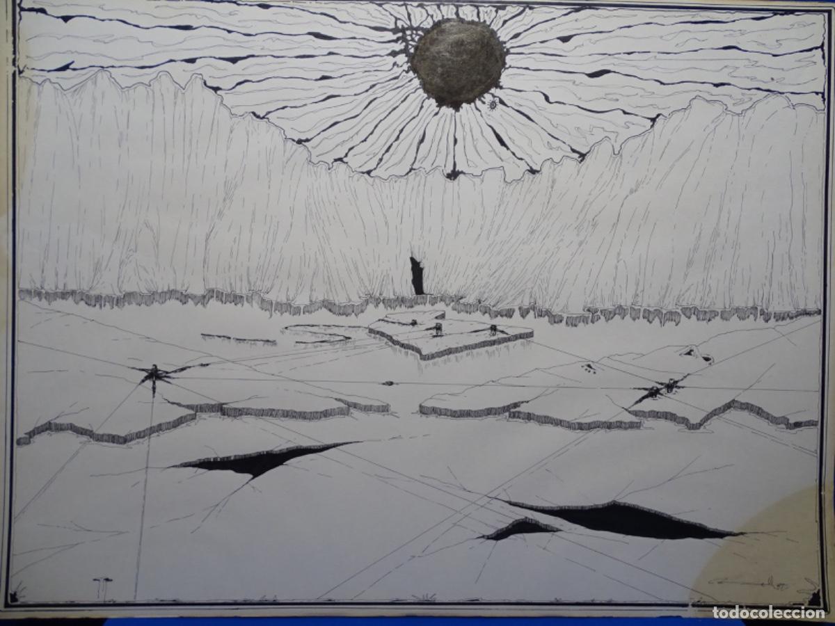 Arte: DIBUJO ORIGINAL A TINTA ILEGIBLE 1982. ESTILO PERSONAL. PAISAJE.