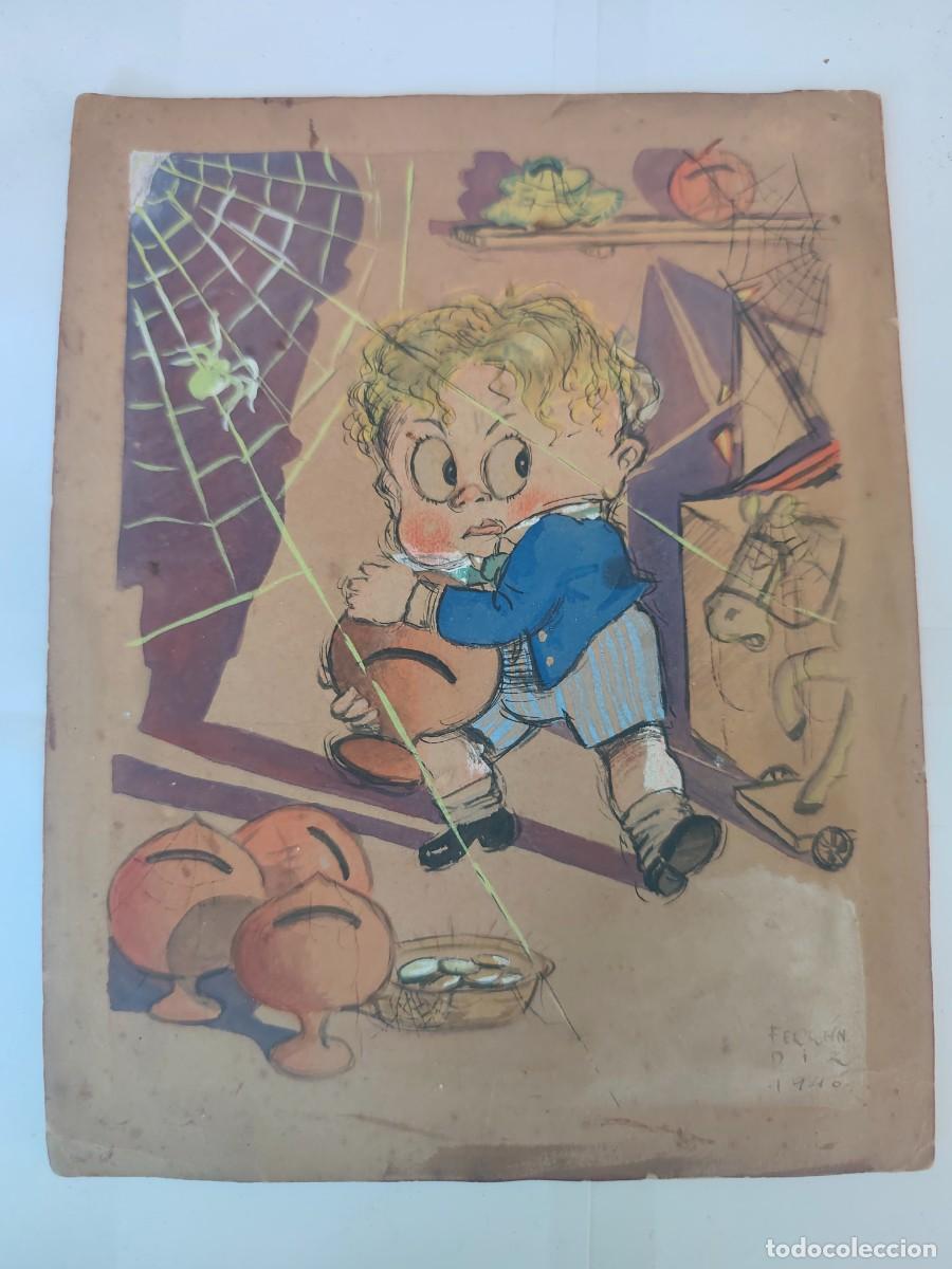 Arte: Pintura en cart&oacute;n dibujo original Ferrandiz 1940 ilustraci&oacute;n