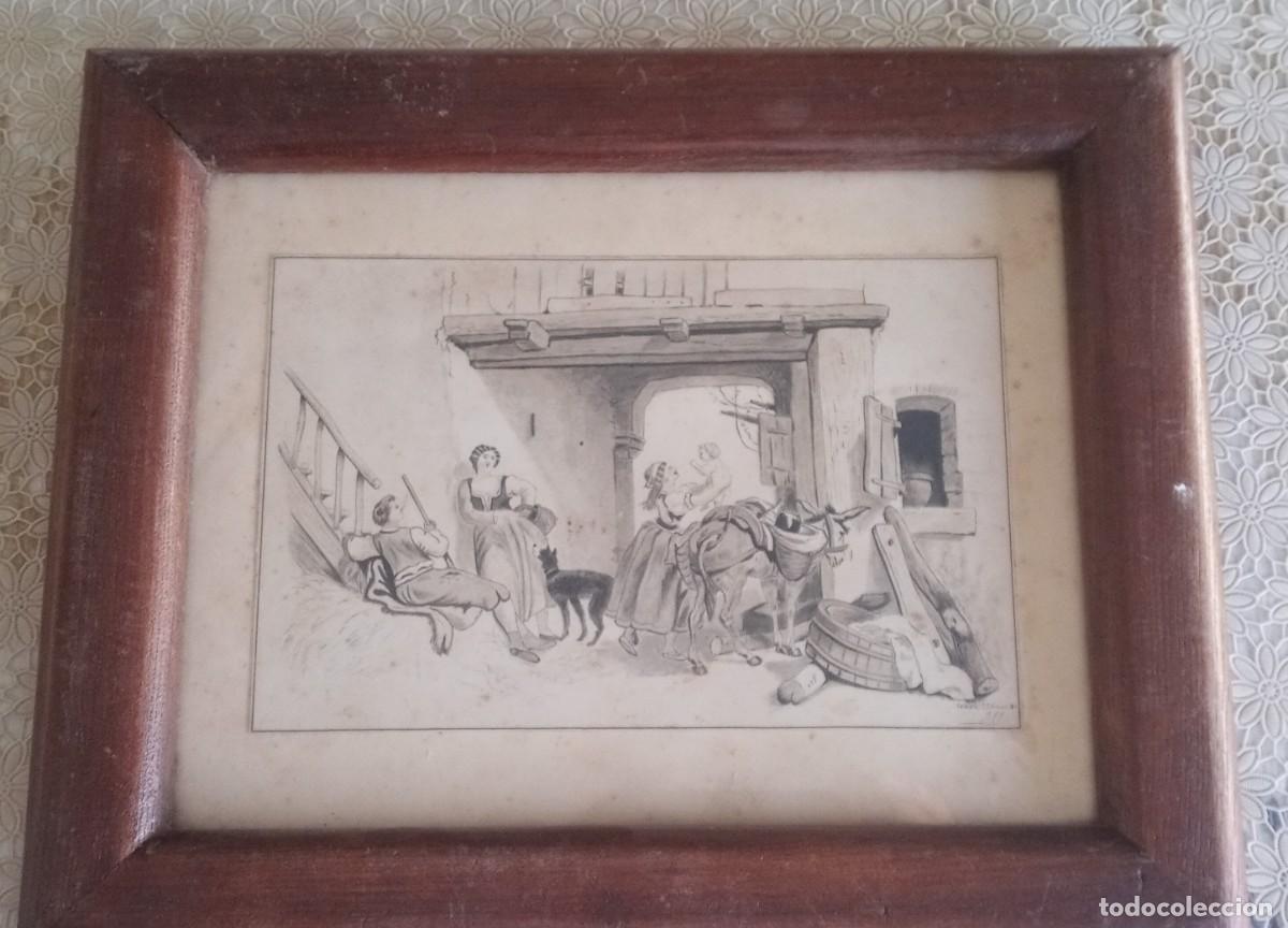 Arte: Antiguo cuadro con dibujo o grabado costumbrista Sevilla 1879 y Firmado autor a identificar
