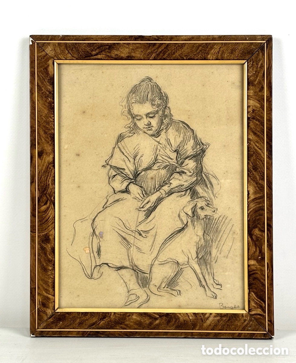 Arte: JOSEP MAR&Iacute;A BAIGES I JANS&Agrave; (Riudoms,1924 - Reus, 1991) - NI&Ntilde;A CON PERRO - DIBUJO A LAPIZ