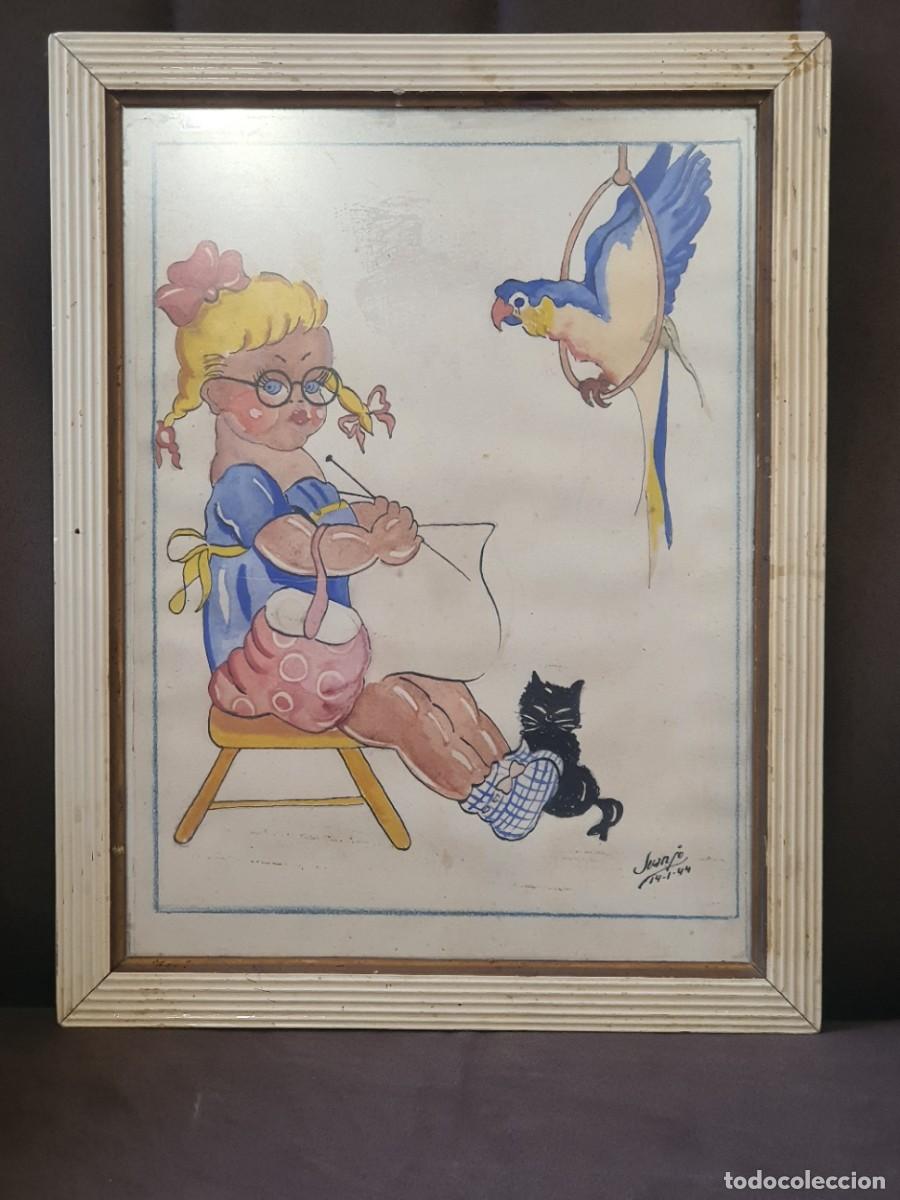 Arte: Antiguo Dibujo Original a la Acuarela Tinta, (1944) Firmado Juanjo