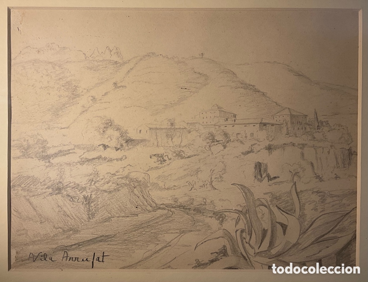 Arte: Antoni Vila Arrufat (1894-1989) &ndash; Dibujo original a l&aacute;piz &ndash; Paisaje catal&aacute;n con mas&iacute;a &ndash; Firmado