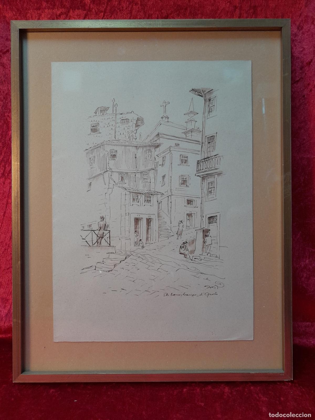 Arte: C-2037. DIBUJO A TINTA. PAISAJE URBANO DE OPORTO. MEDIADOS S. XX.