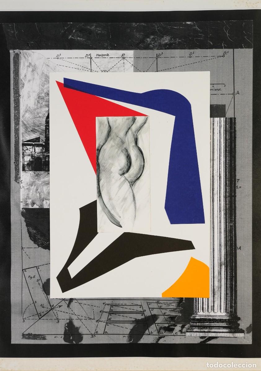 Arte: ALFREDO LANZ (MADRID, 1945) DIBUJO TORSO FEMENINO SOBRE COMPOSICI&Oacute;N DE COLLAGE FIRMADO