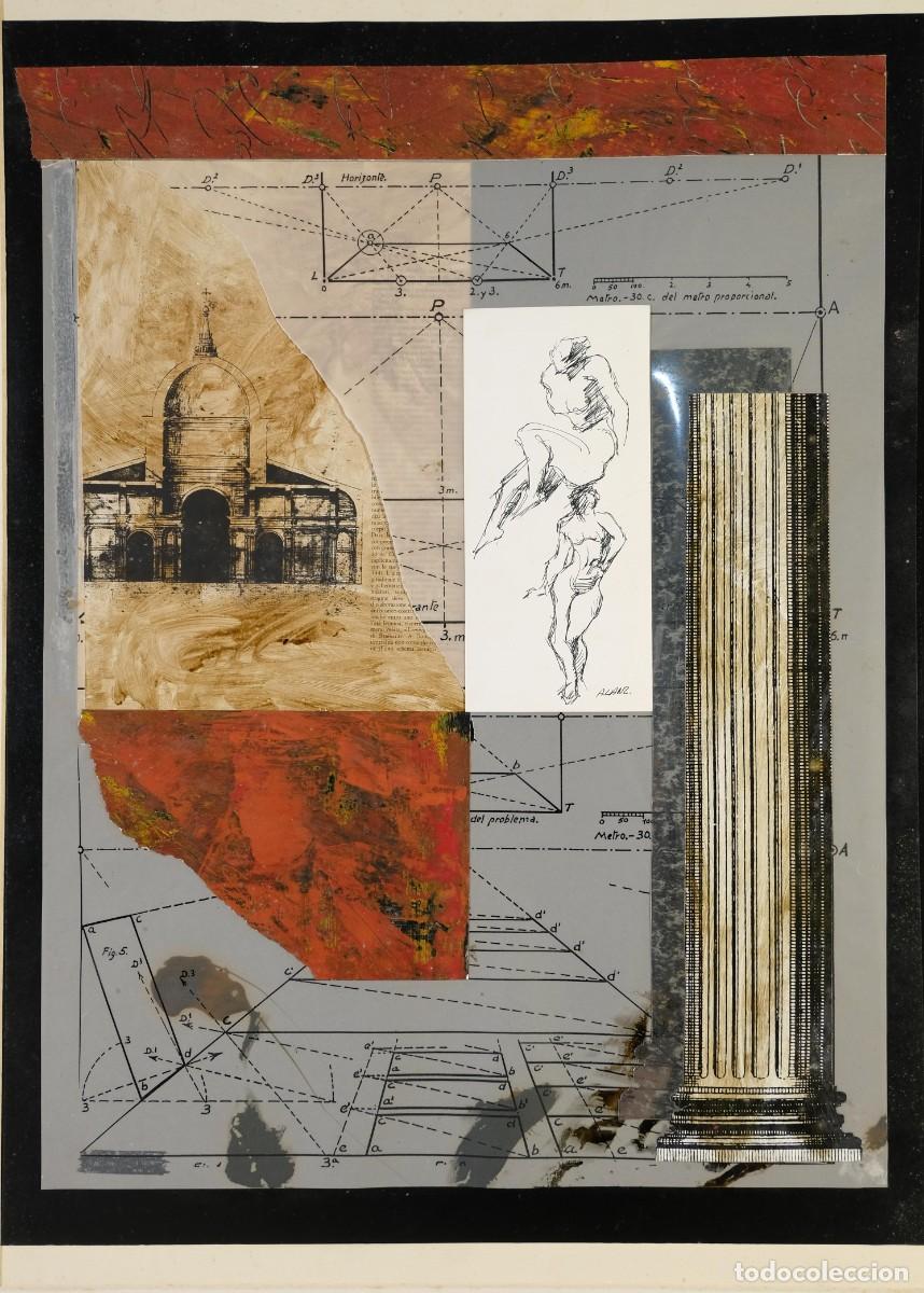 Arte: ALFREDO LANZ (MADRID, 1945) DIBUJO TORSO FEMENINO SOBRE COMPOSICI&Oacute;N DE COLLAGE FIRMADO