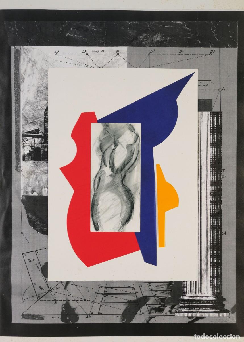 Arte: ALFREDO LANZ (MADRID, 1945) DIBUJO TORSO MASCULINA SOBRE COMPOSICI&Oacute;N DE COLLAGE FIRMADO