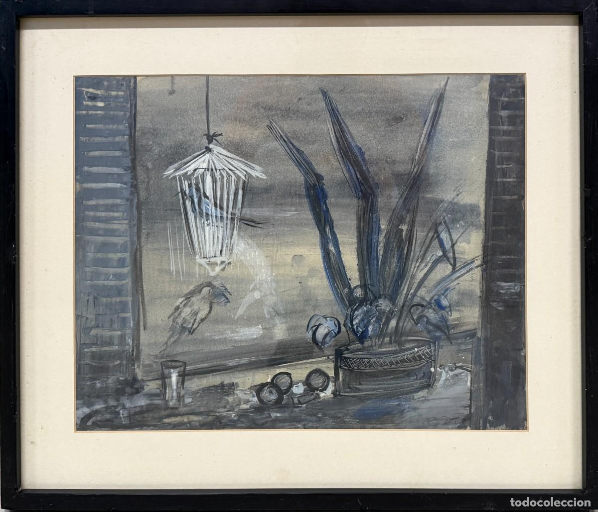 Arte: Rafael Duran Benet - Interior po&eacute;tico con jaula y plantas azules - T&eacute;cnica mixta sobre papel