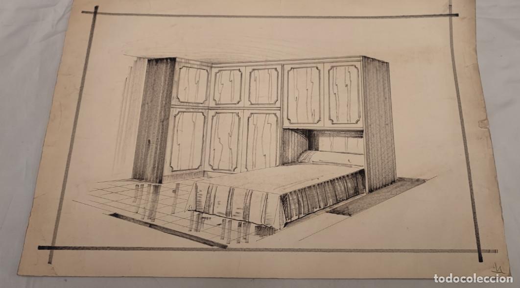 Arte: ANTIGUO DIBUJO, DISE&Ntilde;O DE HABITACION, ARMARIO CON CAMA, A&Ntilde;OS 70?