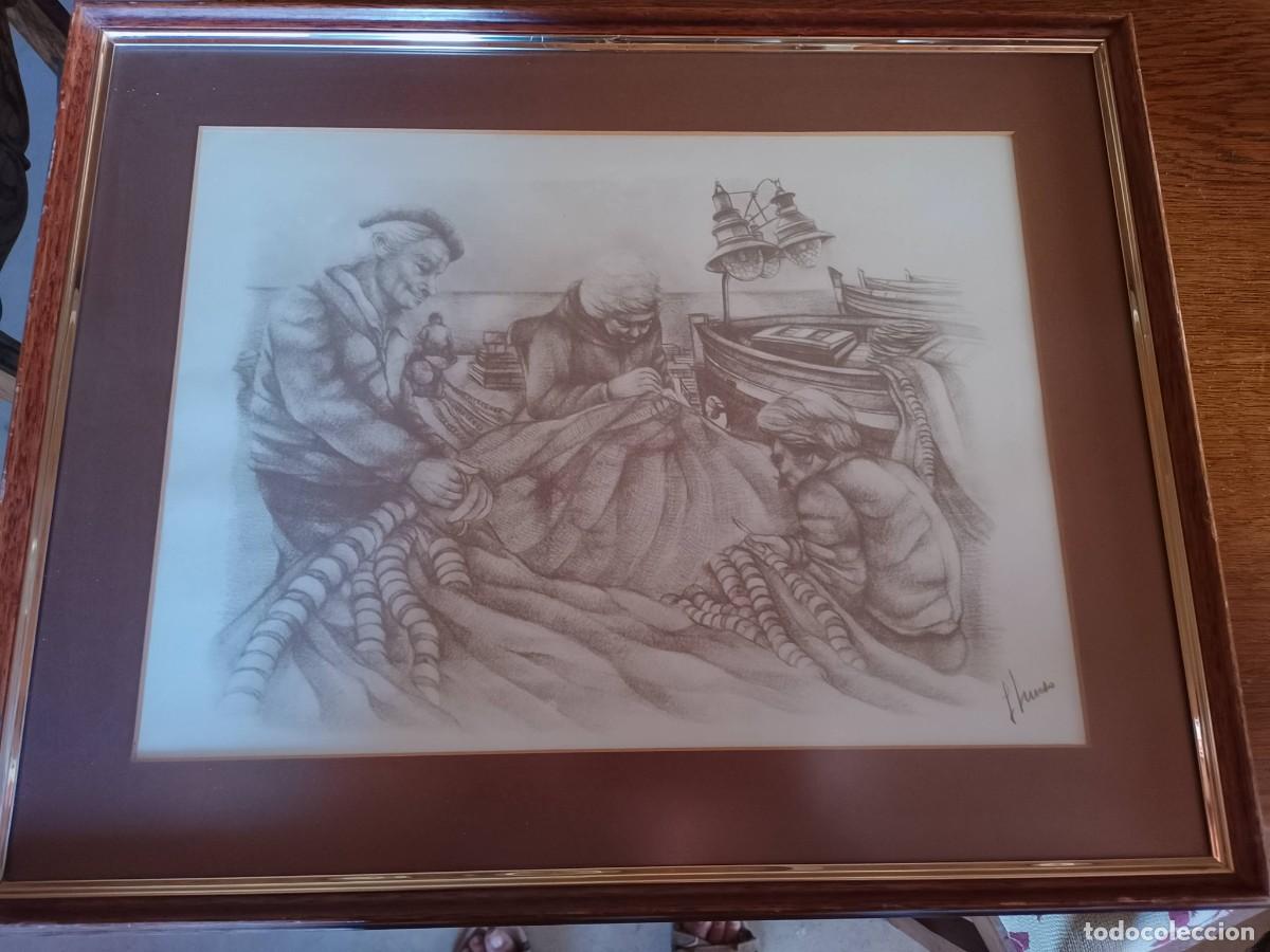 Arte: Dibujo al carb&oacute;n J. Hueso. Escena marinera. Enmarcado