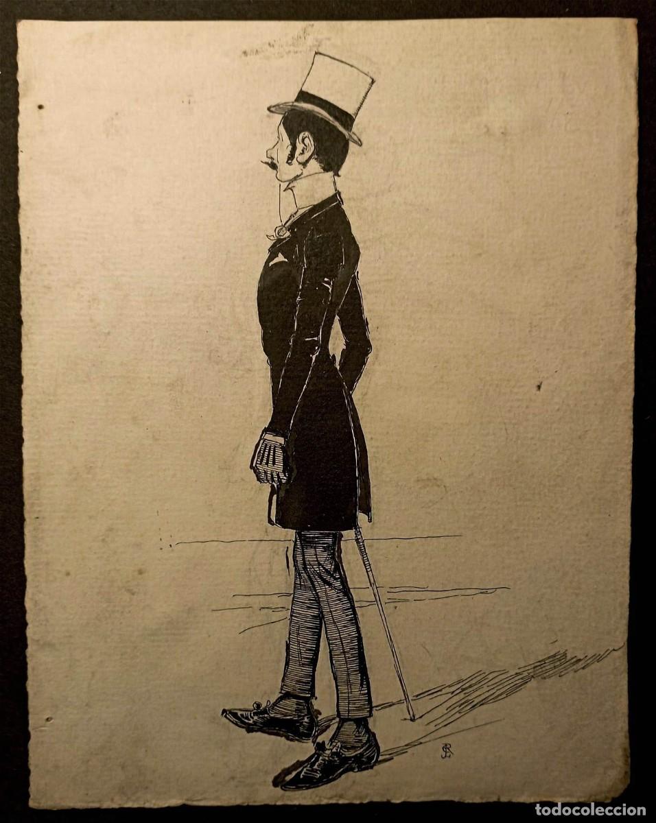 Arte: JOSEP LLU&Iacute;S PELLICER (Barcelona, 1842-1901). Dibujo &rdquo;Caballero elegante o dandy&rdquo;