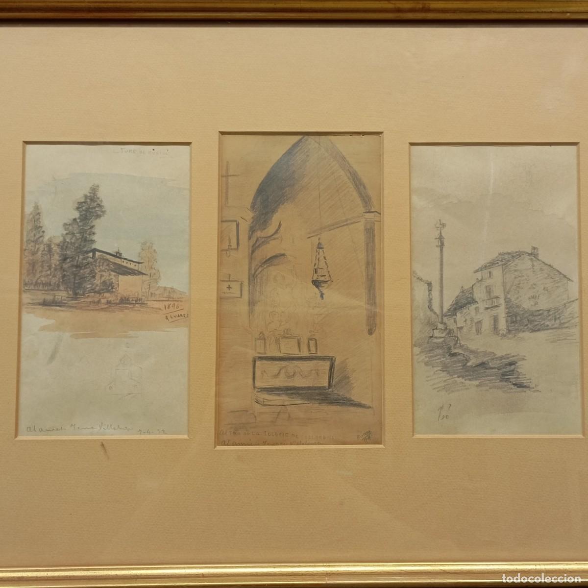 Arte: 3 DIBUJOS MODERNISTAS - 1896 Y 1901 - ALTAR DE LA IGLESIA DE SANT LLOREN&Ccedil; L&Eacute;RIDA - PAISAJES RURALES