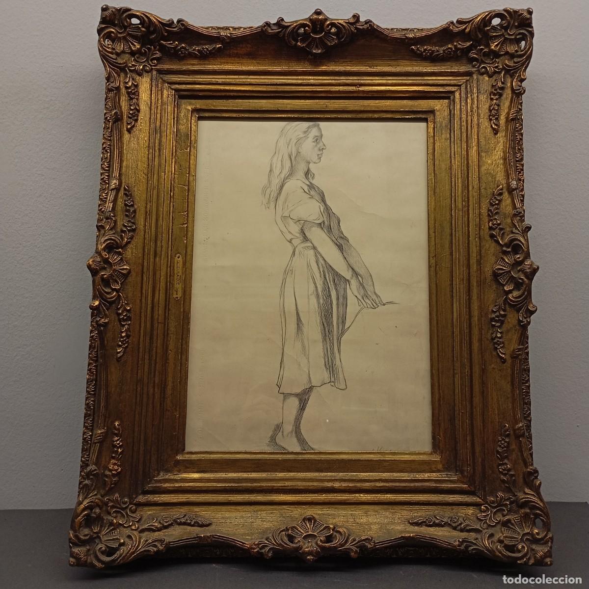 Arte: PRECIOSO DIBUJO MODERNISTA A L&Aacute;PIZ - DAMA - MUJER - C. 1880 - S. XIX - 46 X 32,5 CM DIBUJO